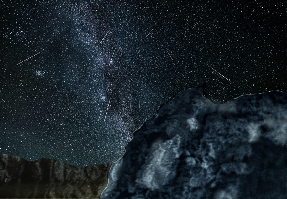 Celestial Descent artwork of a rocky foreground beneath a meteor-filled sky