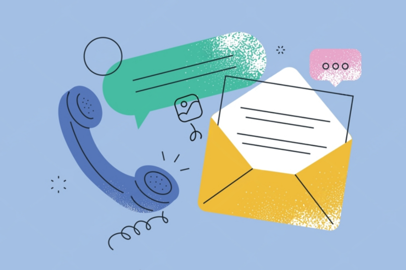 phone, envelope, and message to contact