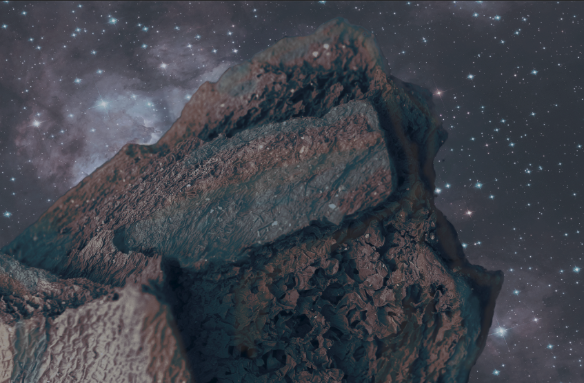 Drifting Monolith artwork of a suspended rock in space