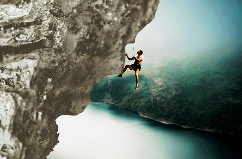 Edge of Control artwork of a climber suspended beneath a rock overhang